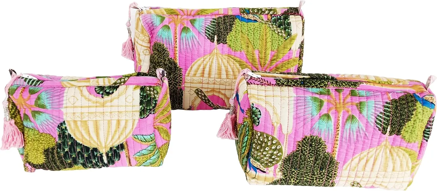 Rastogi Handicrafts Cosmetic Bags Set, 3 Piece Make Up Organizer Bag Storage Bags with Zipper Closure (3, Multicolor, Design-6)