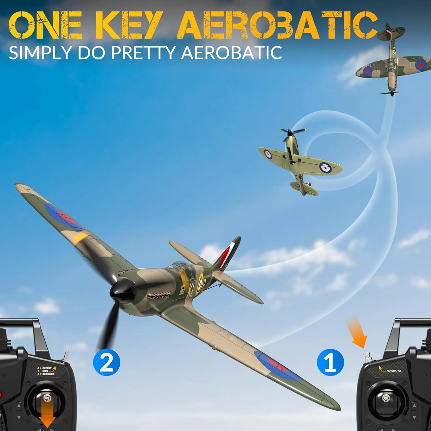 RC Plane 4CH Ready-to-Fly Spitfire RC Airplane with 6-Axis Gyro Stabilizer One Key Aerobatic, 2 Batteries & Durable EPP Remote Control Plane for Adults & Kids