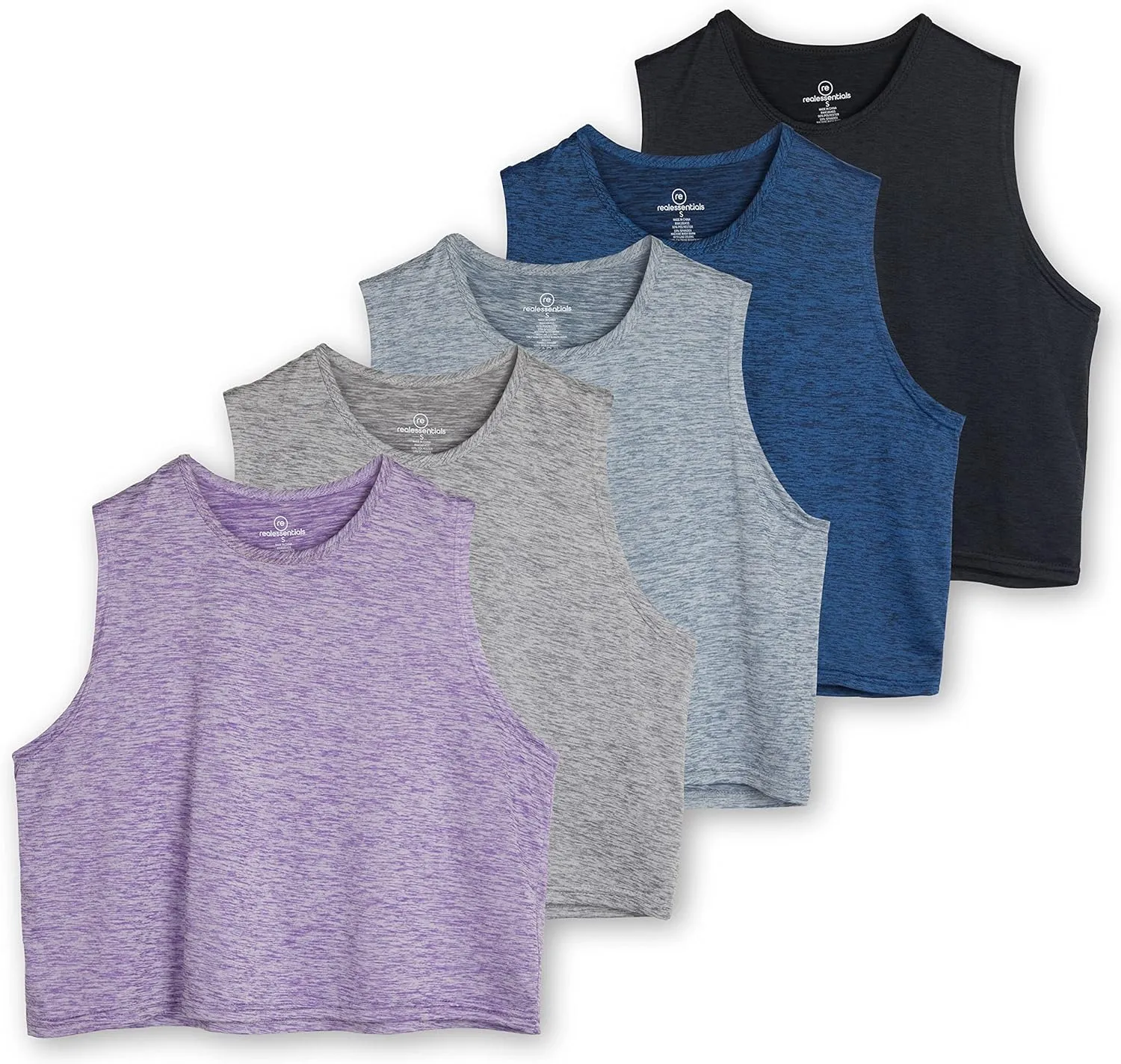 Real Essentials 5 Pack: Women's Dry Fit Crop Summer Tank Top - Gym Yoga Workout Sports Tee (Available in Plus Size)