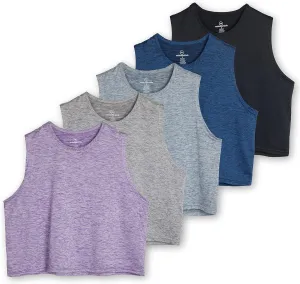 Real Essentials 5 Pack: Women's Dry Fit Crop Summer Tank Top - Gym Yoga Workout Sports Tee (Available in Plus Size)