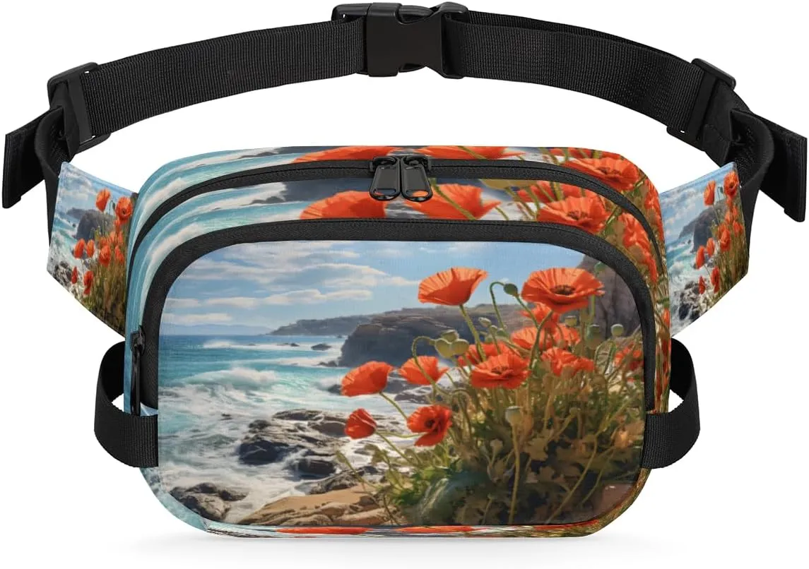 Red Flowers Fanny Pack for Women Men,Waist Pack with Adjustable Strap,Atlantic Coast Fashion Crossbody Packs Belt Bag for Running Workout Sports Travel
