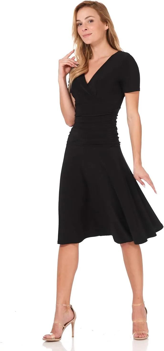 Rekucci Women's Slimming Short Sleeve Fit-N-Flare Crossover Tummy Control Dress