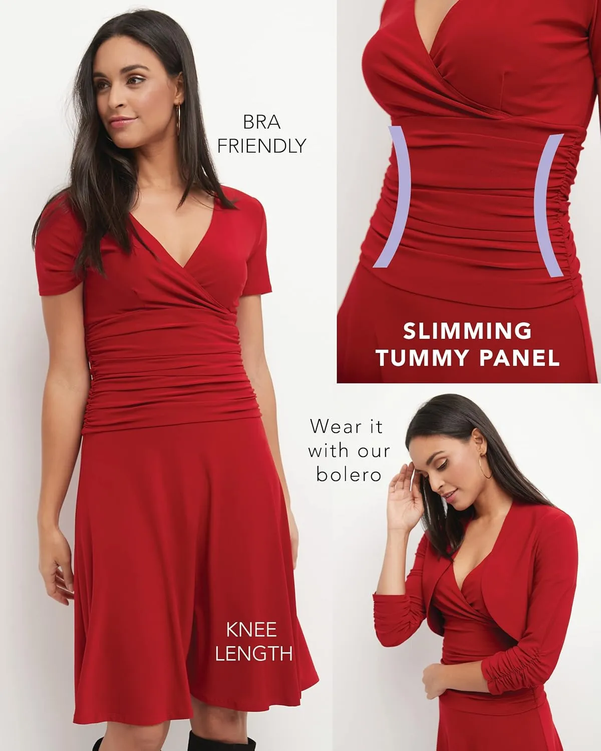 Rekucci Women's Slimming Short Sleeve Fit-N-Flare Crossover Tummy Control Dress