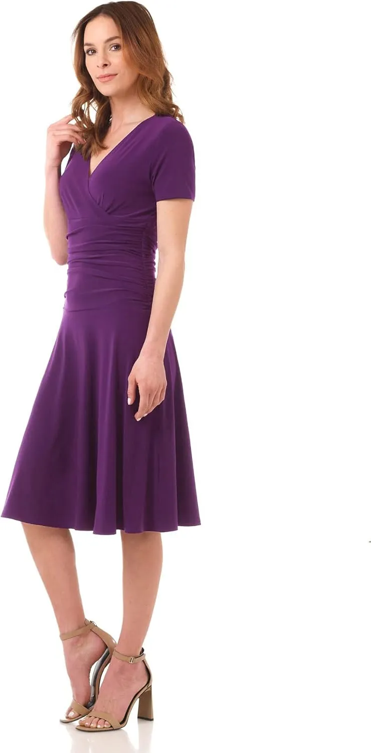 Rekucci Women's Slimming Short Sleeve Fit-N-Flare Crossover Tummy Control Dress