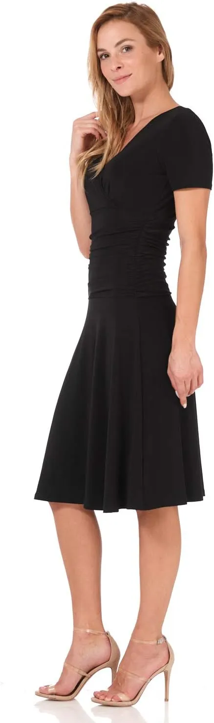 Rekucci Women's Slimming Short Sleeve Fit-N-Flare Crossover Tummy Control Dress