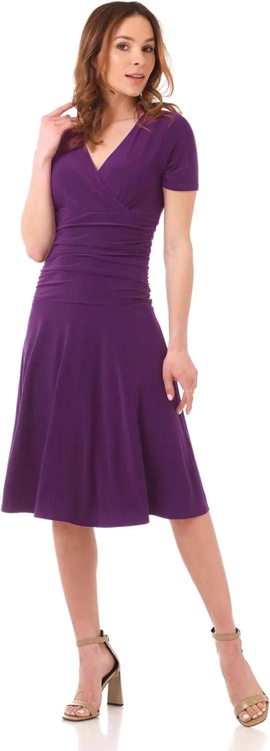 Rekucci Women's Slimming Short Sleeve Fit-N-Flare Crossover Tummy Control Dress