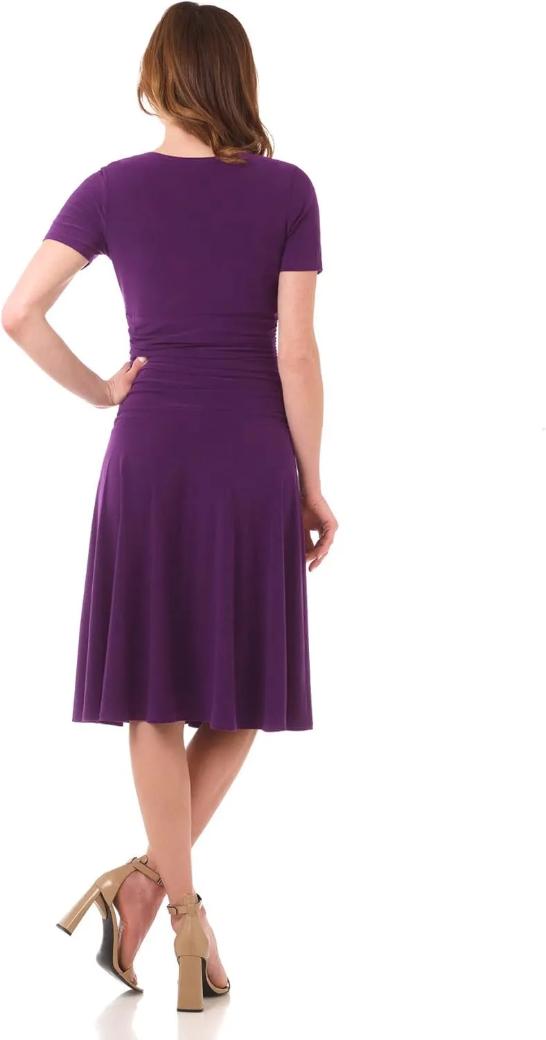 Rekucci Women's Slimming Short Sleeve Fit-N-Flare Crossover Tummy Control Dress
