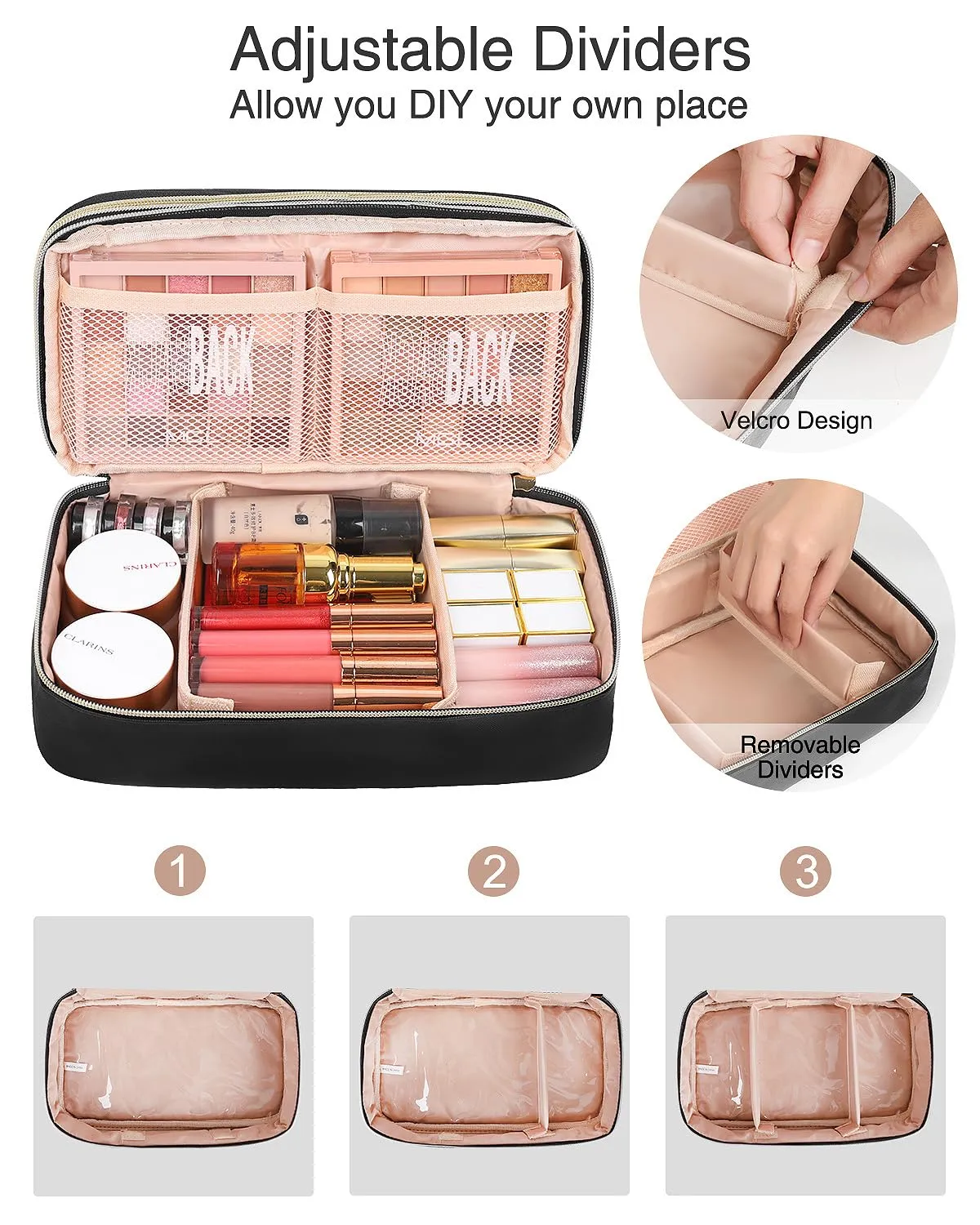 Relavel Large Makeup Bag, Cosmetic Bag with Dividers, 2 Layer Travel Makeup Organizer for Women, Black Makeup Purse Pouch with Brush Holder, Compact Capacity Handbag for Daily Use (Black)