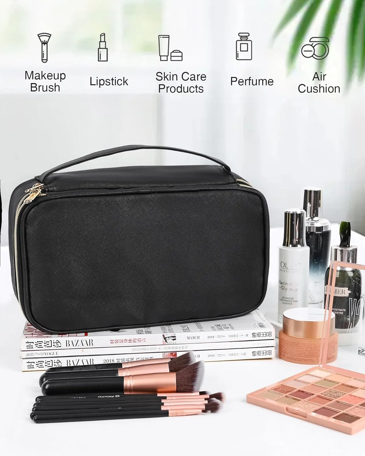 Relavel Large Makeup Bag, Cosmetic Bag with Dividers, 2 Layer Travel Makeup Organizer for Women, Black Makeup Purse Pouch with Brush Holder, Compact Capacity Handbag for Daily Use (Black)