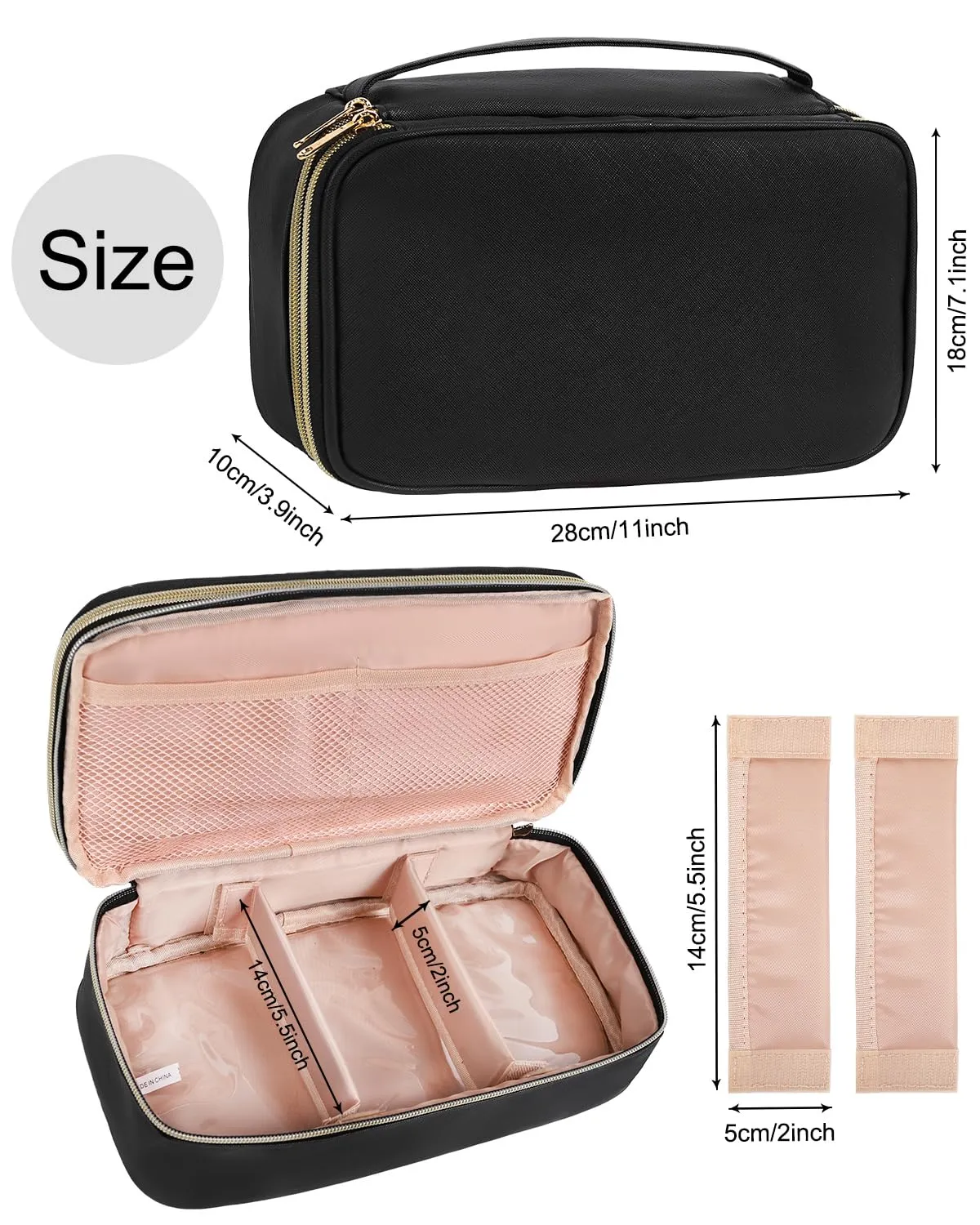Relavel Large Makeup Bag, Cosmetic Bag with Dividers, 2 Layer Travel Makeup Organizer for Women, Black Makeup Purse Pouch with Brush Holder, Compact Capacity Handbag for Daily Use (Black)