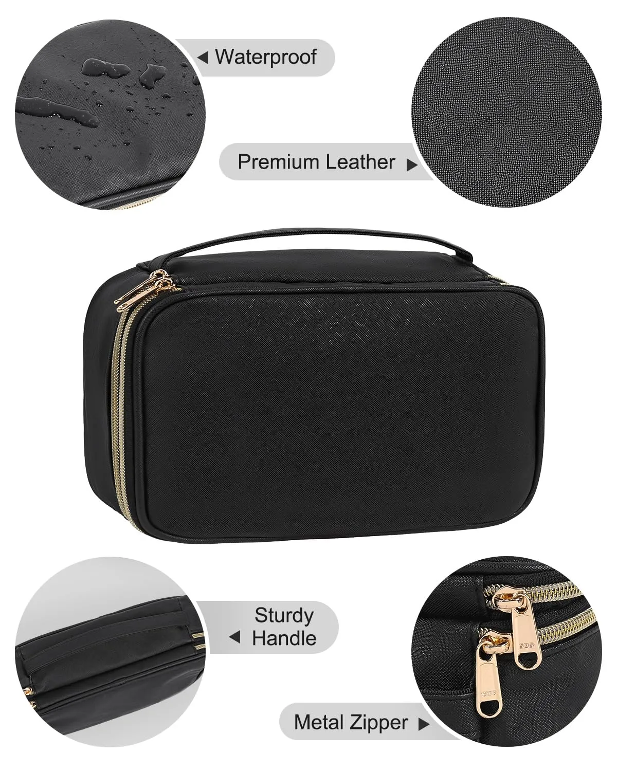 Relavel Large Makeup Bag, Cosmetic Bag with Dividers, 2 Layer Travel Makeup Organizer for Women, Black Makeup Purse Pouch with Brush Holder, Compact Capacity Handbag for Daily Use (Black)