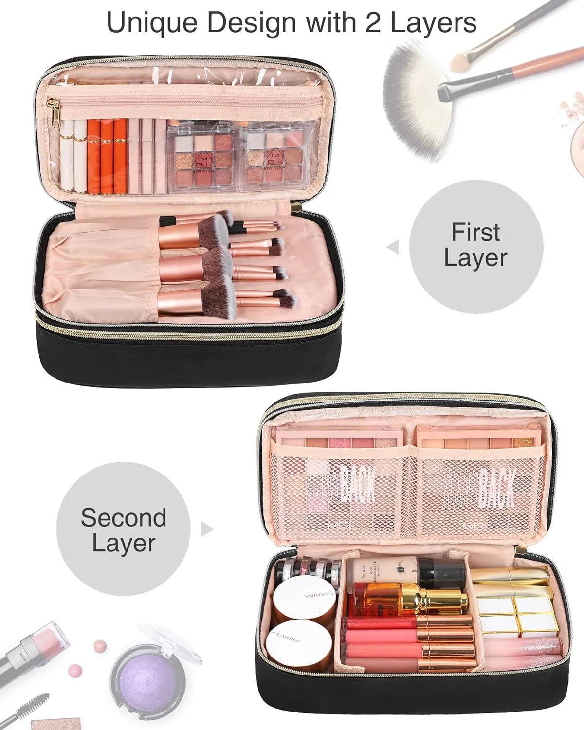 Relavel Large Makeup Bag, Cosmetic Bag with Dividers, 2 Layer Travel Makeup Organizer for Women, Black Makeup Purse Pouch with Brush Holder, Compact Capacity Handbag for Daily Use (Black)