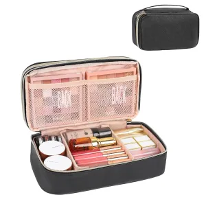 Relavel Large Makeup Bag, Cosmetic Bag with Dividers, 2 Layer Travel Makeup Organizer for Women, Black Makeup Purse Pouch with Brush Holder, Compact Capacity Handbag for Daily Use (Black)