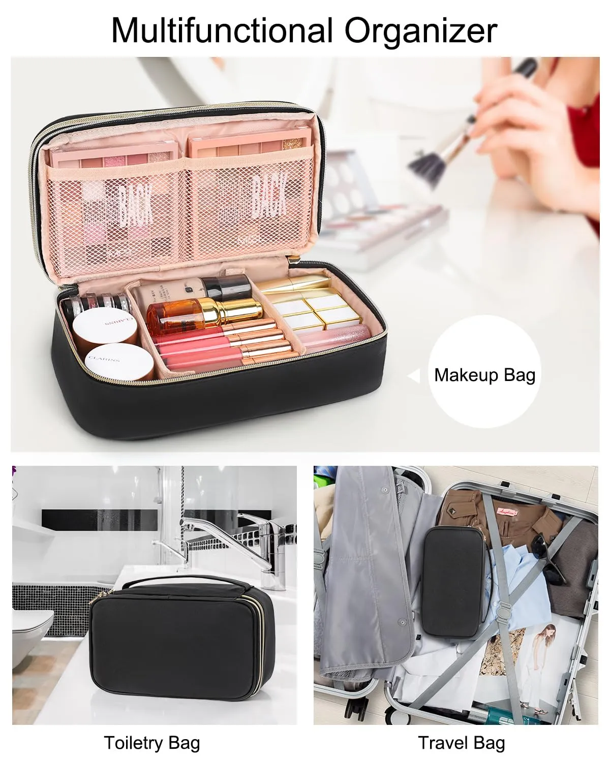 Relavel Large Makeup Bag, Cosmetic Bag with Dividers, 2 Layer Travel Makeup Organizer for Women, Black Makeup Purse Pouch with Brush Holder, Compact Capacity Handbag for Daily Use (Black)