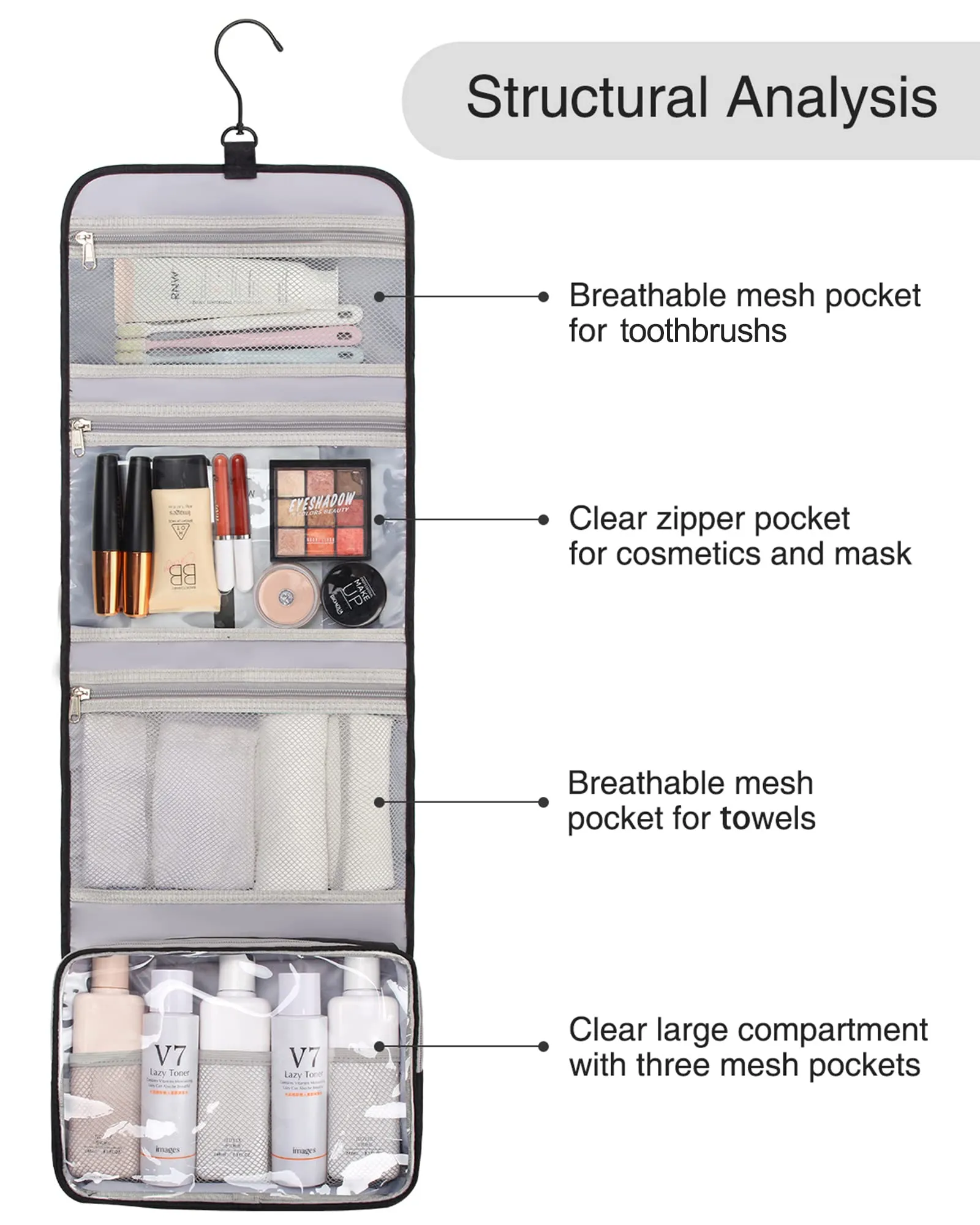 Relavel Travel Hanging Toiletry Bag for Men Women Travel Kit Shaving Bag Waterproof Large Makeup Bag Wash Bag Makeup Organizer Cosmetic Case for Bathroom Shower Black