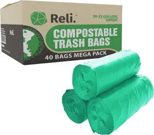 Reli. Compostable 33 Gallon Trash Bags | 40 Count | ASTM D6400 | Green | Eco-Friendly | For Compost