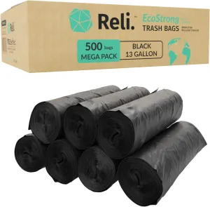 Reli. EcoStrong 13 Gallon Trash Bags | 500 Count Bulk | Black | Eco-Friendly | Made from Recycled Material
