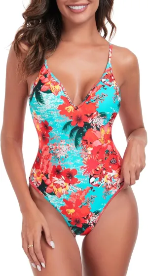 RELLECIGA Women's V Neck One Piece Swimsuit High Cut Bathing Suits