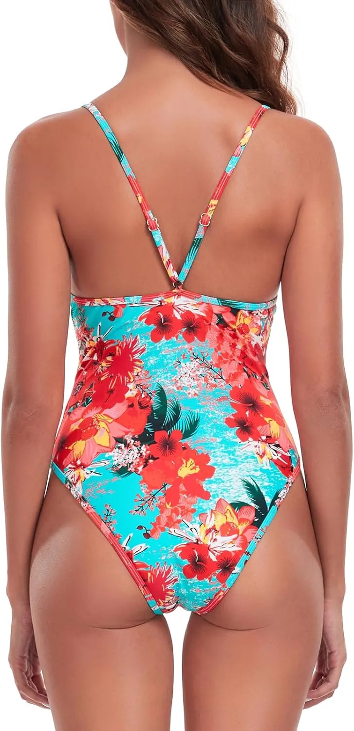 RELLECIGA Women's V Neck One Piece Swimsuit High Cut Bathing Suits
