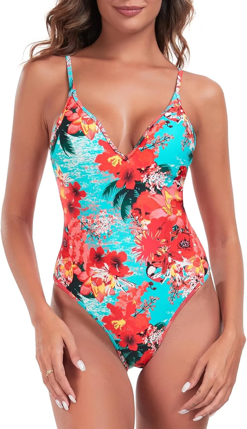 RELLECIGA Women's V Neck One Piece Swimsuit High Cut Bathing Suits
