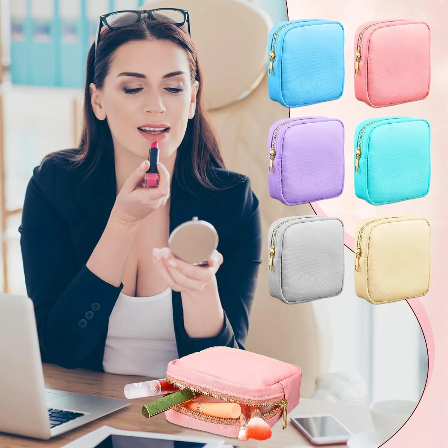 Remerry 6 Pcs Nylon Cosmetic Bag Travel Make up Pouch Toiletry with Zipper Preppy Makeup Bag Waterproof Organizer Case Set for Women Girls(4.7 x 5.1 x 2 Inches,Mixed Colors)