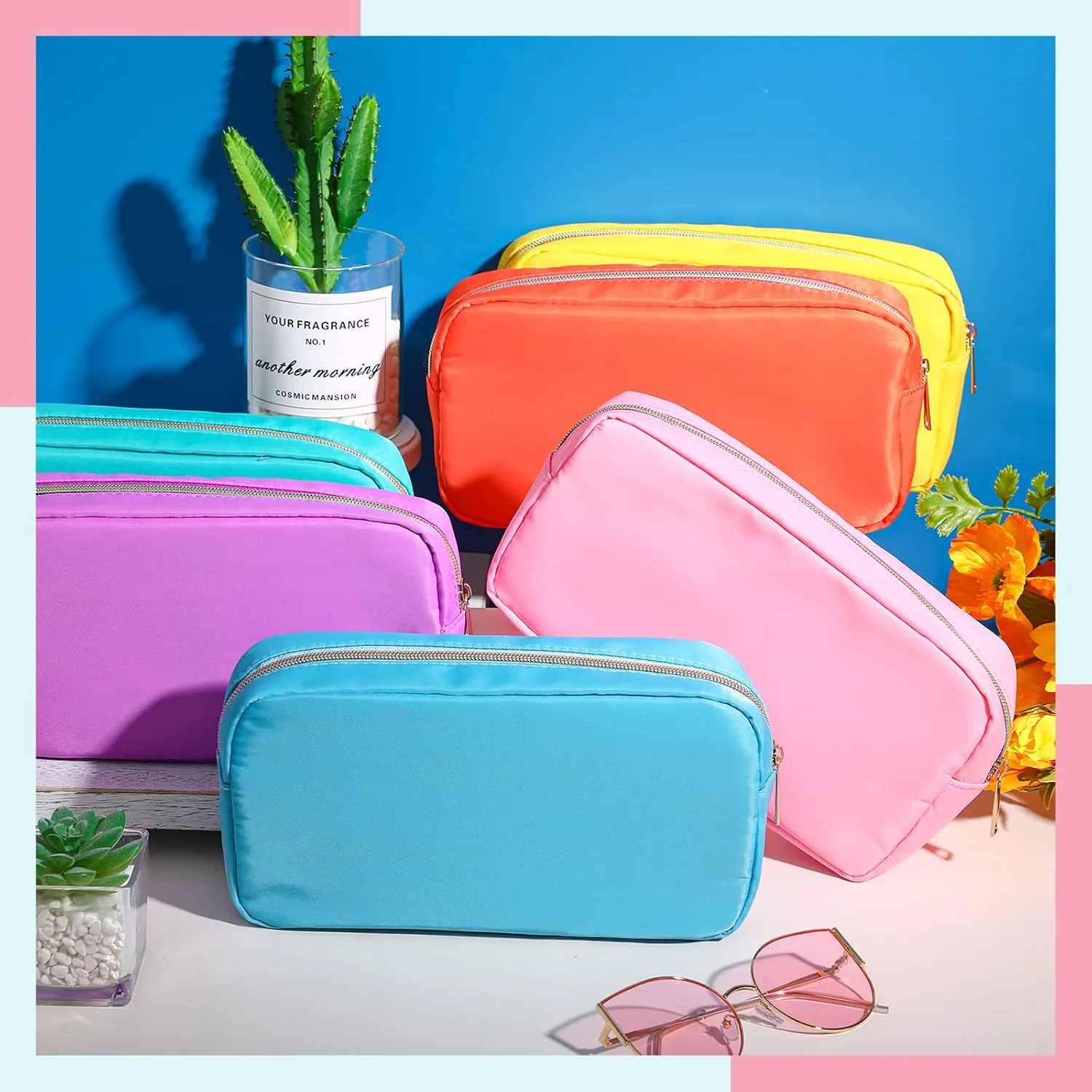 Remerry 6 Pcs Nylon Cosmetic Bag Travel Make up Pouch Toiletry with Zipper Preppy Makeup Bag Waterproof Organizer Case Set for Women Girls(9.45 x 2.4 x 5.1 Inch,Multi Colors)