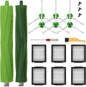 Replacement Parts Compatible with iRobot Roomba I, E & J Series i7 i7  i2 i3 i3  i4 i4  i6 i6  i8 i8 /Plus j6  j7 E5 E6 E7, 1 Set of Multi-Surface Rubber Brushes, 6 HEPA Filters, 6 Side Brushes