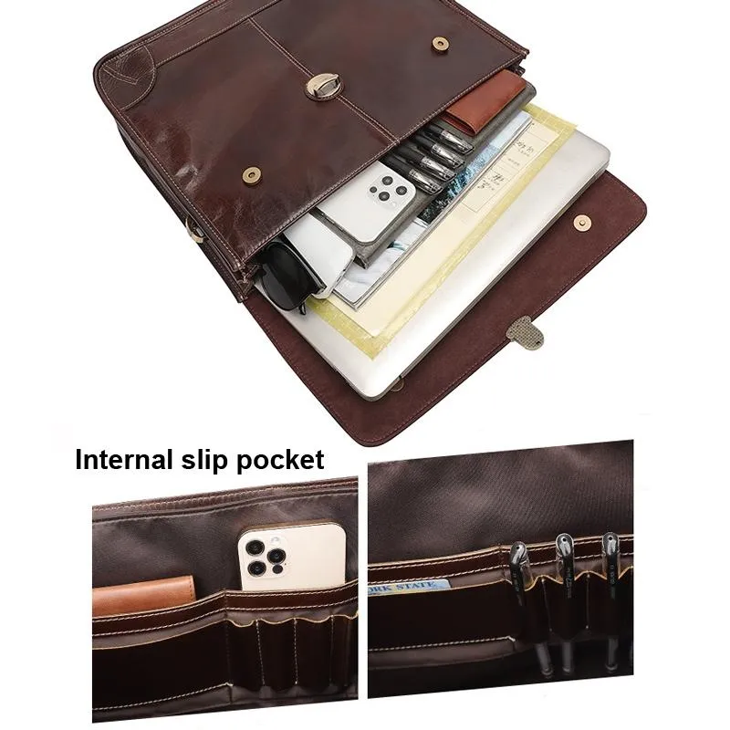 Retro Cowhide Leather Briefcase Fits 15.6 Laptop - Coffee