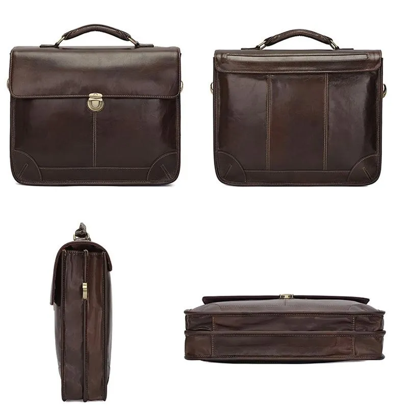 Retro Cowhide Leather Briefcase Fits 15.6 Laptop - Coffee