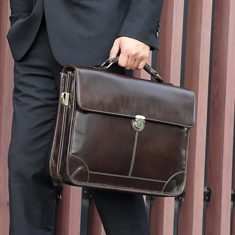 Retro Cowhide Leather Briefcase Fits 15.6 Laptop - Coffee