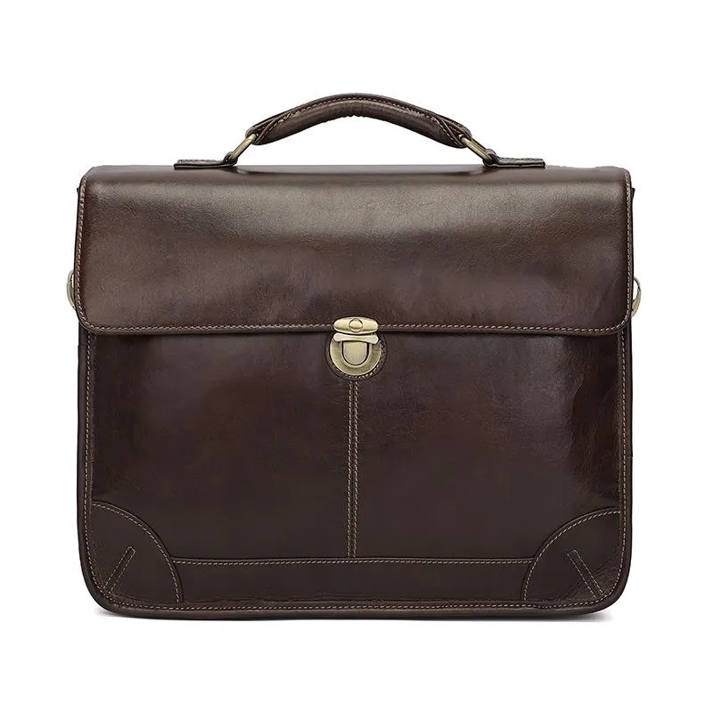 Retro Cowhide Leather Briefcase Fits 15.6 Laptop - Coffee