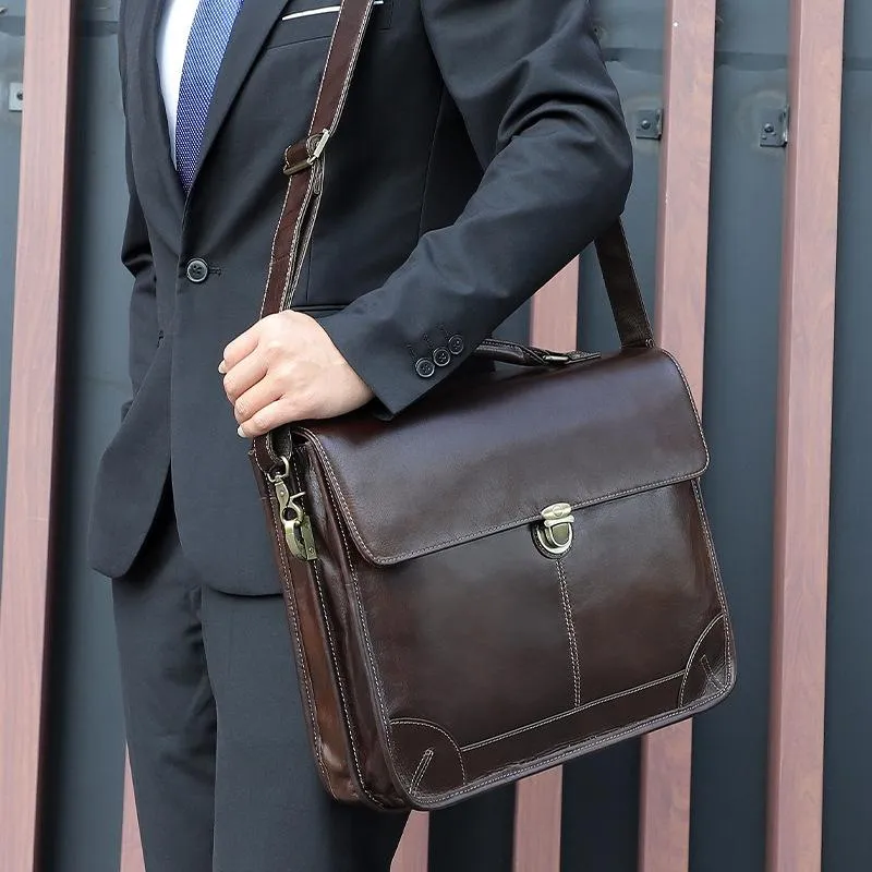 Retro Cowhide Leather Briefcase Fits 15.6 Laptop - Coffee