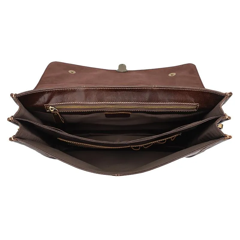 Retro Cowhide Leather Briefcase Fits 15.6 Laptop - Coffee