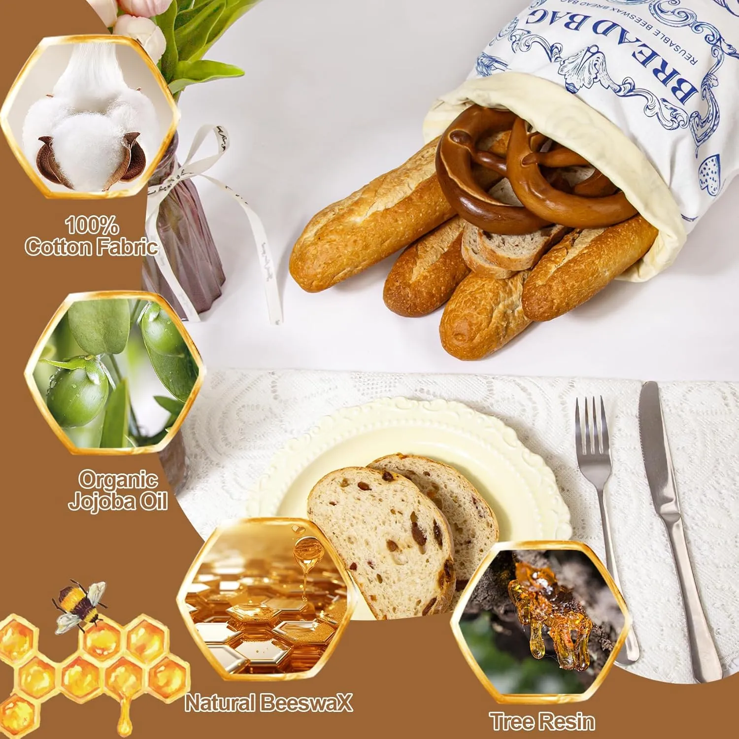 Reusable Beeswax Bread Bags with Zipper - Large Capacity Cotton Storage for Homemade, Sourdough & Fresh Bread | Food-Grade Eco-Friendly Storage Solutions