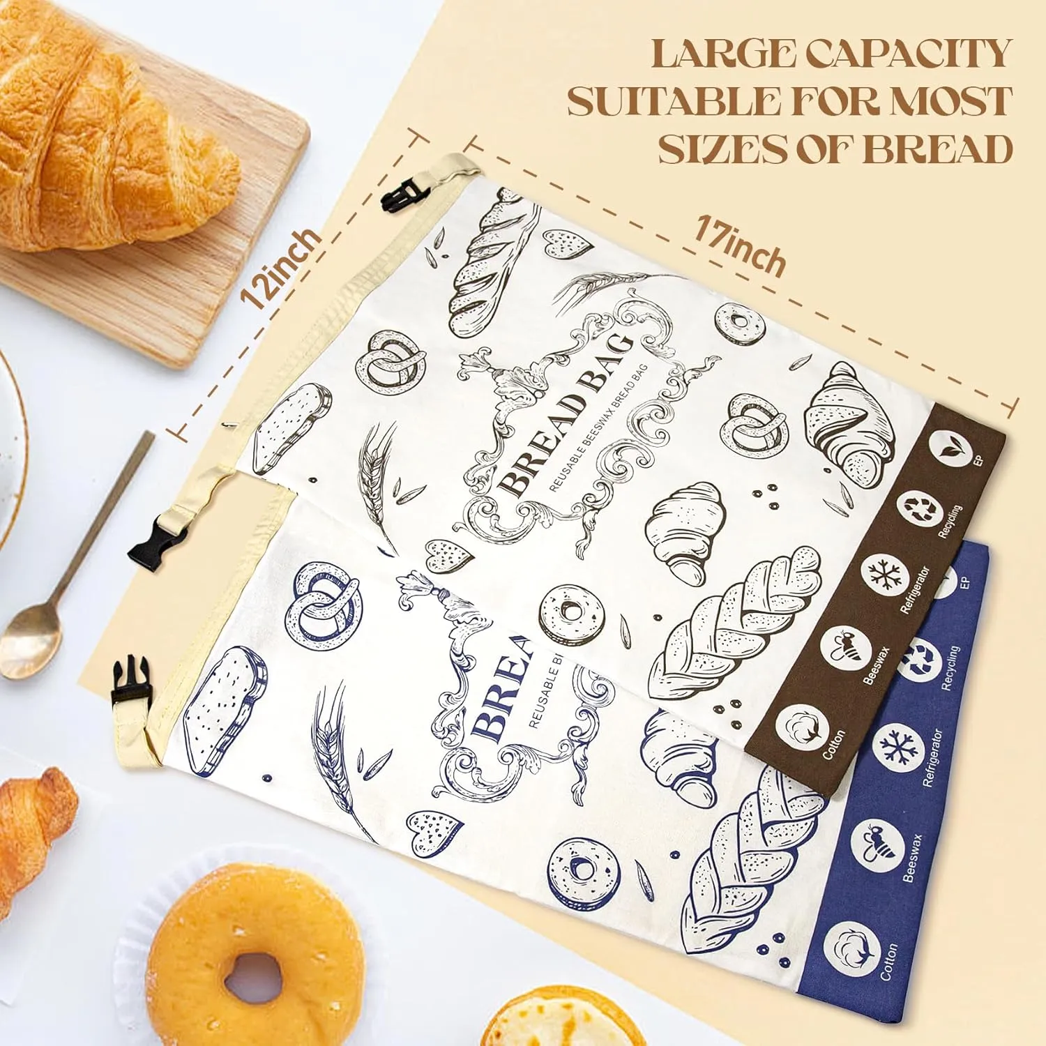 Reusable Beeswax Bread Bags with Zipper - Large Capacity Cotton Storage for Homemade, Sourdough & Fresh Bread | Food-Grade Eco-Friendly Storage Solutions
