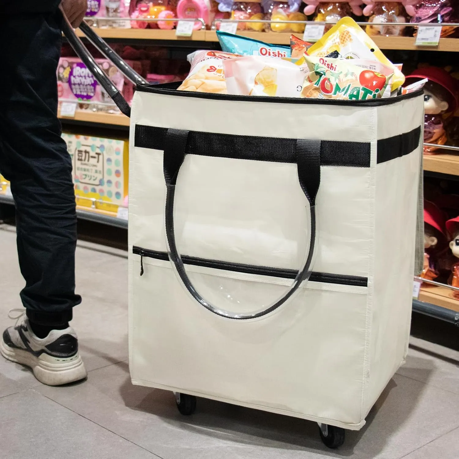 Reusable Grocery Bag on Wheels, (Medium, Beige) Rolling Shopping Bags with Wheels and Handle, Folding Rolling Tote Trolley, 3 Pockets and Zipper Cover, Carries Up to 46 LBS