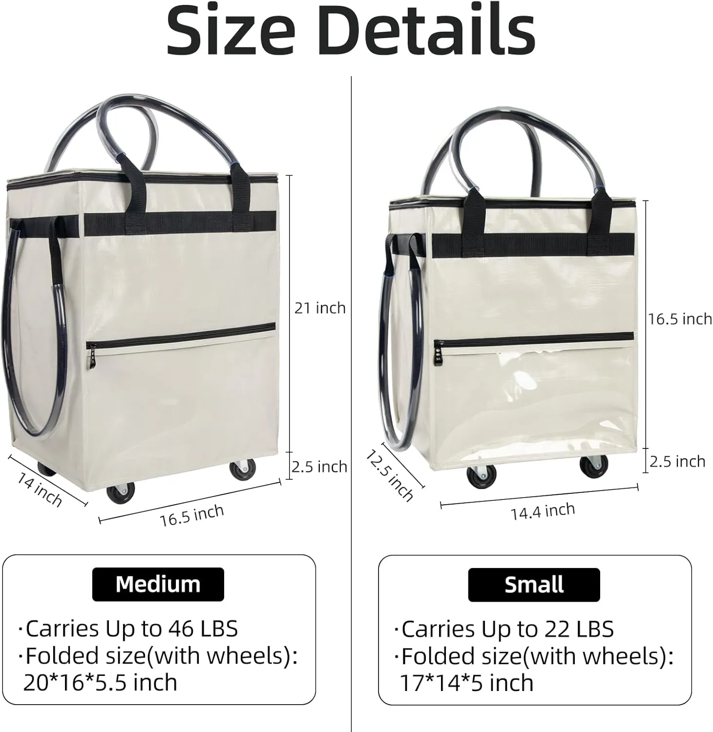 Reusable Grocery Bag on Wheels, (Medium, Beige) Rolling Shopping Bags with Wheels and Handle, Folding Rolling Tote Trolley, 3 Pockets and Zipper Cover, Carries Up to 46 LBS