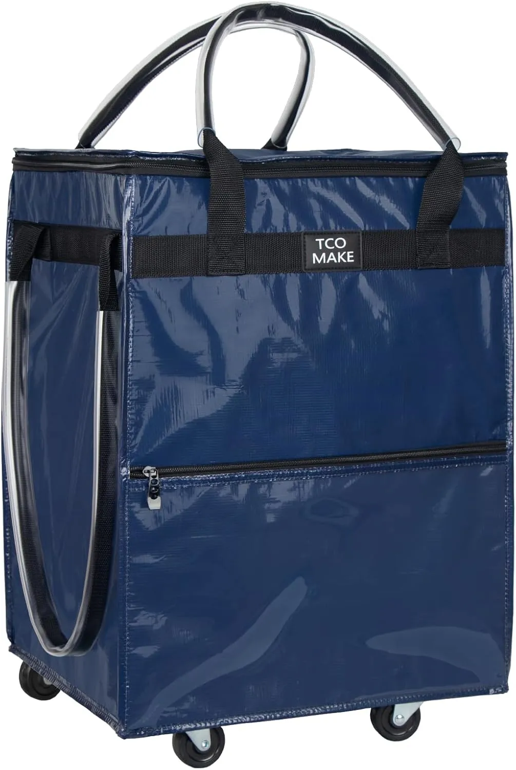 Reusable Grocery Bag on Wheels, (Medium, DK Blue) Rolling Shopping Bags with Wheels and Handle, Folding Rolling Tote Trolley, 3 Pockets and Zipper Cover, Carries Up to 46 LBS