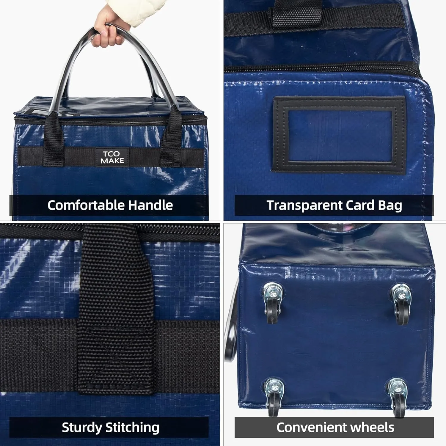 Reusable Grocery Bag on Wheels, (Medium, DK Blue) Rolling Shopping Bags with Wheels and Handle, Folding Rolling Tote Trolley, 3 Pockets and Zipper Cover, Carries Up to 46 LBS