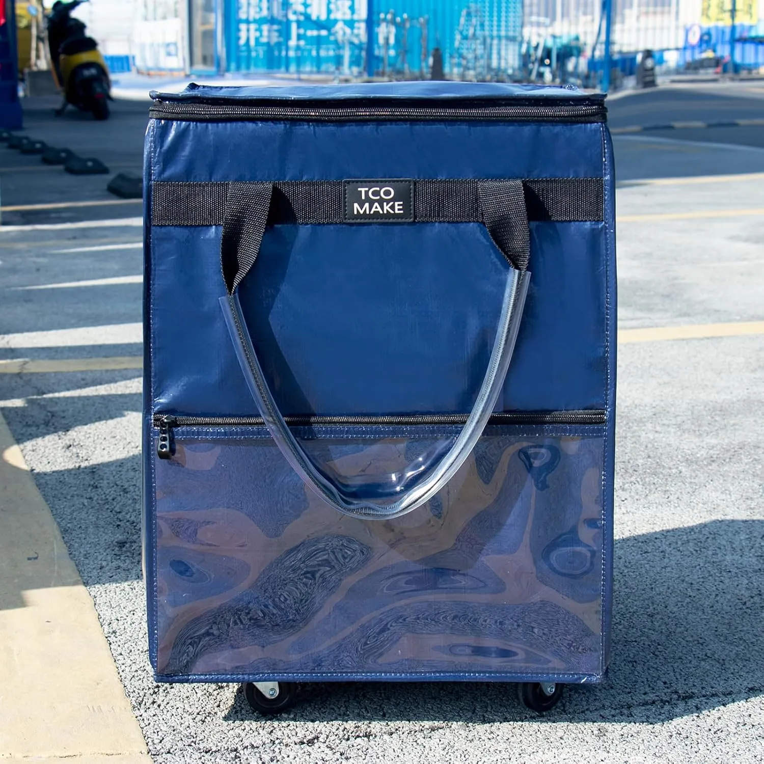 Reusable Grocery Bag on Wheels, (Medium, DK Blue) Rolling Shopping Bags with Wheels and Handle, Folding Rolling Tote Trolley, 3 Pockets and Zipper Cover, Carries Up to 46 LBS