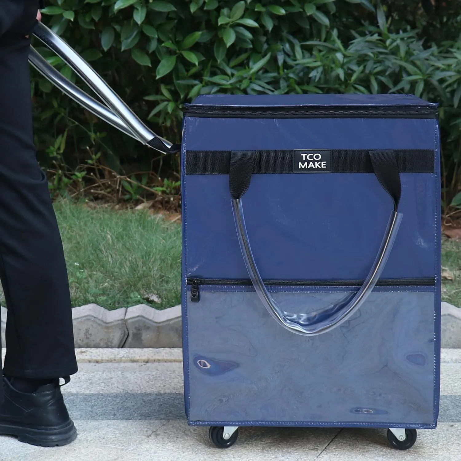 Reusable Grocery Bag on Wheels, (Medium, DK Blue) Rolling Shopping Bags with Wheels and Handle, Folding Rolling Tote Trolley, 3 Pockets and Zipper Cover, Carries Up to 46 LBS