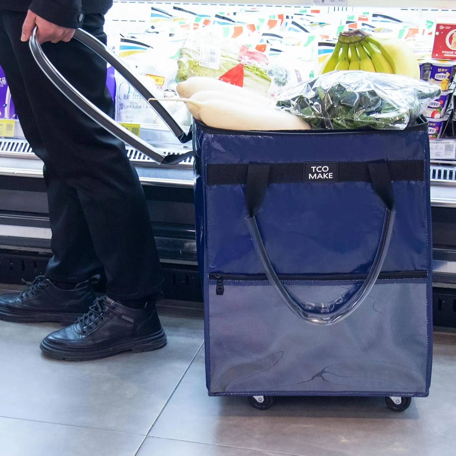 Reusable Grocery Bag on Wheels, (Medium, DK Blue) Rolling Shopping Bags with Wheels and Handle, Folding Rolling Tote Trolley, 3 Pockets and Zipper Cover, Carries Up to 46 LBS