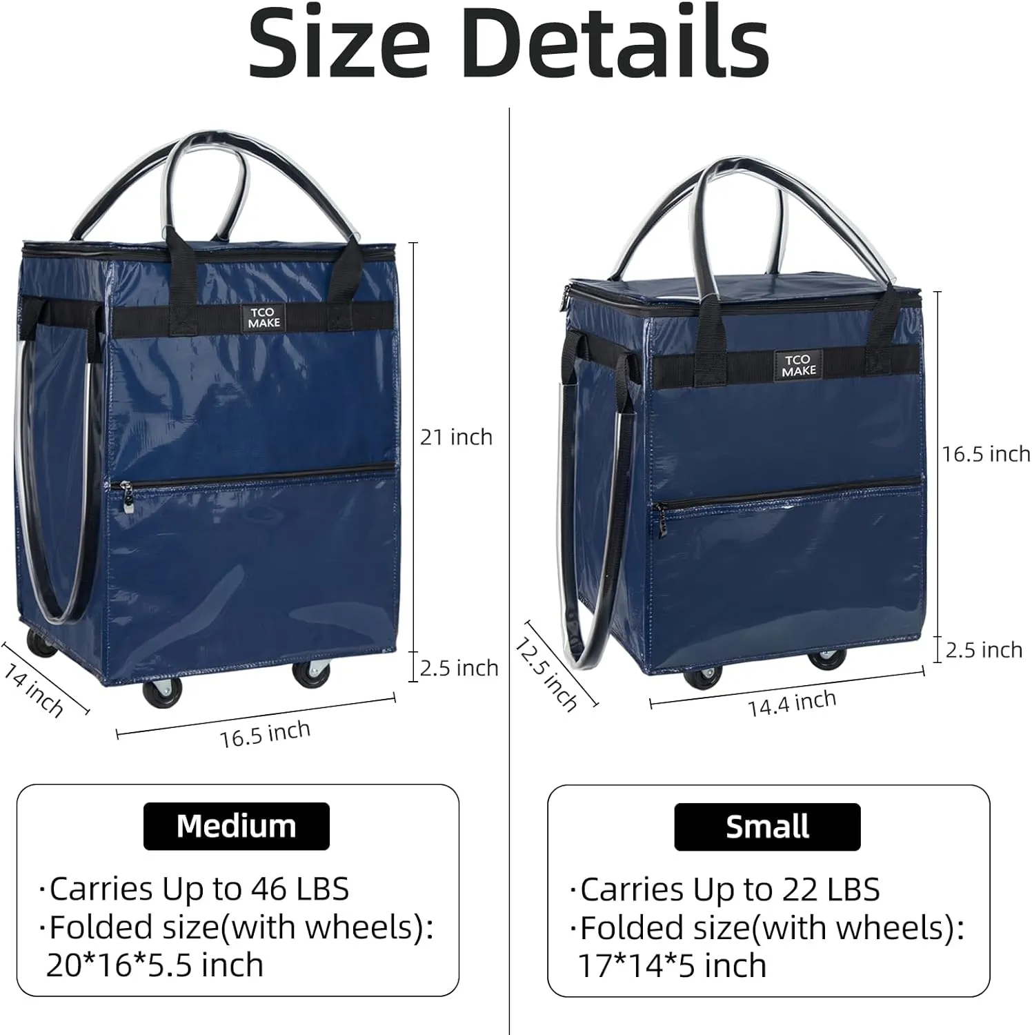 Reusable Grocery Bag on Wheels, (Medium, DK Blue) Rolling Shopping Bags with Wheels and Handle, Folding Rolling Tote Trolley, 3 Pockets and Zipper Cover, Carries Up to 46 LBS