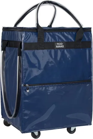 Reusable Grocery Bag on Wheels, (Medium, DK Blue) Rolling Shopping Bags with Wheels and Handle, Folding Rolling Tote Trolley, 3 Pockets and Zipper Cover, Carries Up to 46 LBS