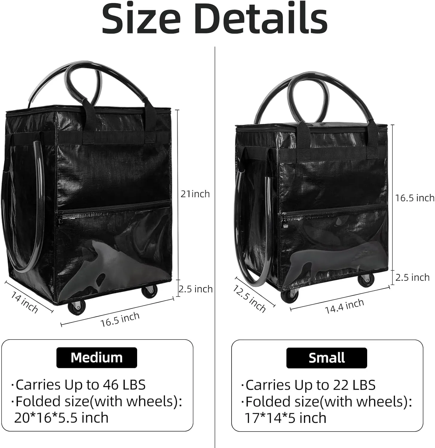 Reusable Grocery Bag on Wheels (Small-Black), Rolling Shopping Bags with Wheels and Handle, Folding Rolling Tote Trolley, Zipper Cover, Carries Up to 22 LBS, Easy Transportation
