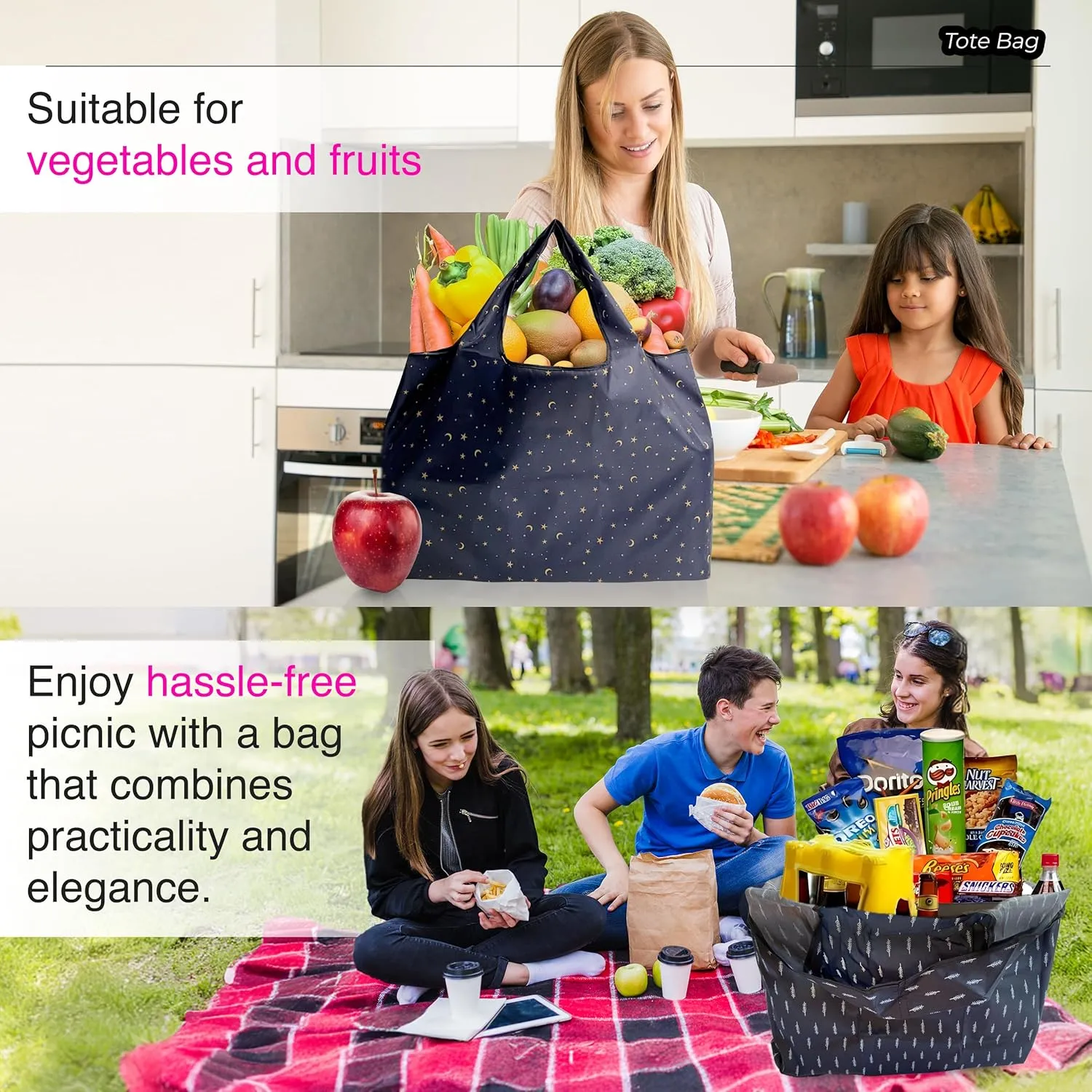 Reusable Grocery Shopping Bags with Handles – Foldable Tote Bags for Groceries
