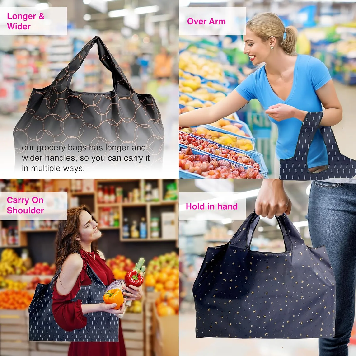 Reusable Grocery Shopping Bags with Handles – Foldable Tote Bags for Groceries
