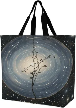 Reusable Grocery Shopping Cloth Bags Milky Way And Tree Print Shoulder Tote Bag Fashionable Tote Handbag for Work Beach Travel Shopping