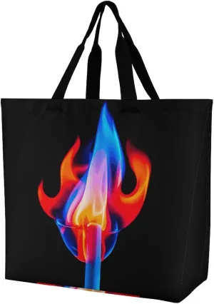 Reusable Grocery Shopping Cloth Bags Red Flame And Blue Water Print Shoulder Tote Bag Fashionable Tote Handbag for Work Beach Travel Shopping