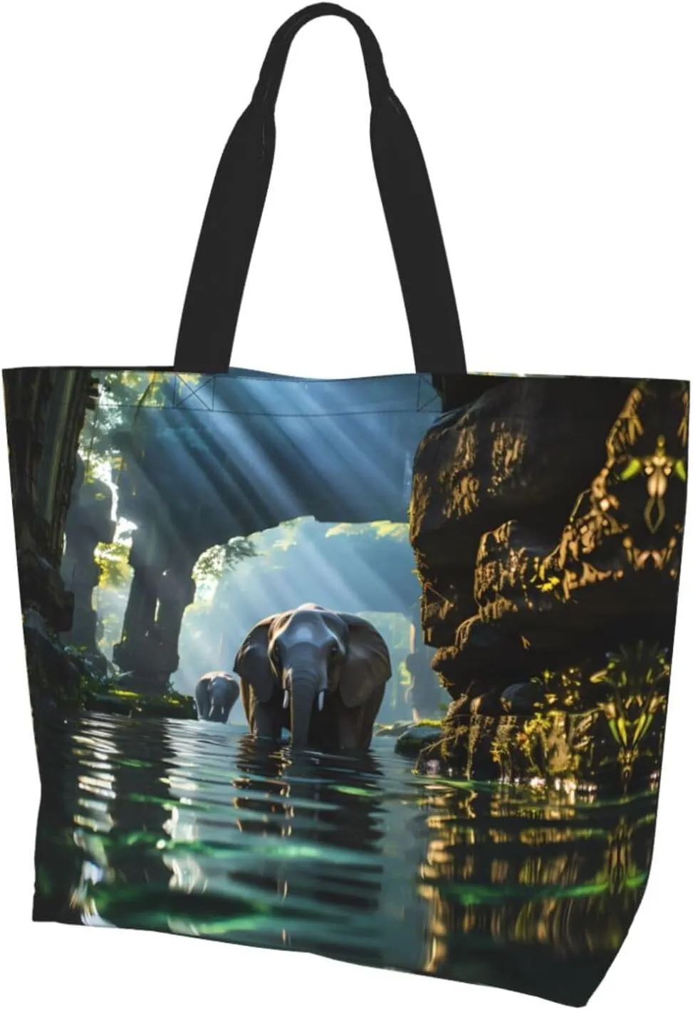 Reusable One Shoulder Shopping Bag, Asian elephant in the water Women One Shoulder Casual Tote Bag, Multipurpose Large Shopping Bag